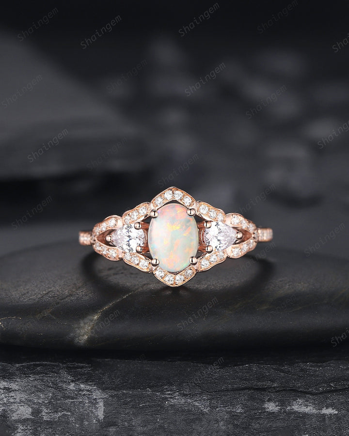 Vintage Oval Shape Natural Australian White Opal Engagement Ring, Unique 14K 18K Rose Gold Cluster Wedding Ring, Opal Promise Ring Gift - ShainJewelry