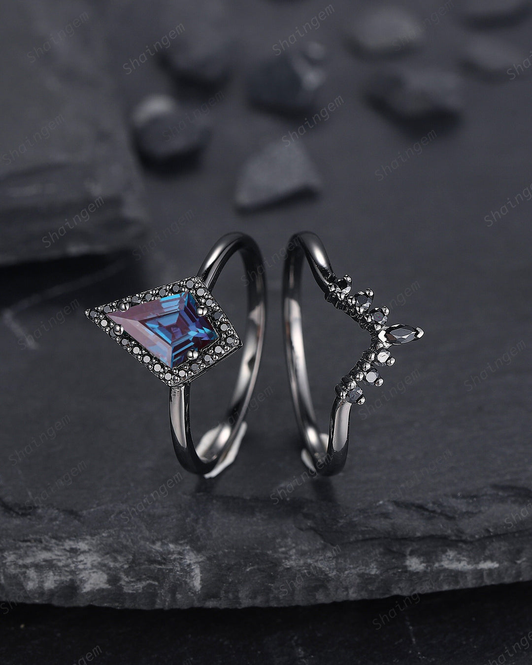 Black Gold Kite Shape Alexandrite Engagement Ring Set, V Shape Black Halo Promise Ring, Black Wedding Ring Set, Gothic Black Bridal Set - ShainJewelry