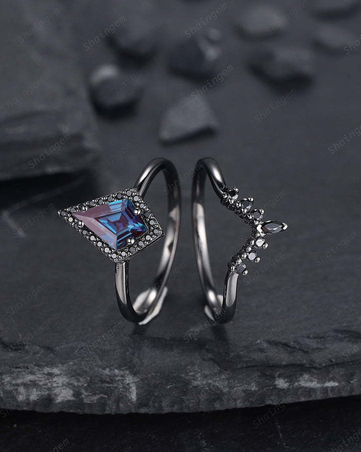 Black Gold Kite Shape Alexandrite Engagement Ring Set, V Shape Black Halo Promise Ring, Black Wedding Ring Set, Gothic Black Bridal Set - ShainJewelry