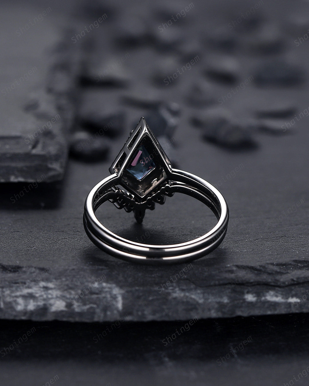 Black Gold Kite Shape Alexandrite Engagement Ring Set, V Shape Black Halo Promise Ring, Black Wedding Ring Set, Gothic Black Bridal Set - ShainJewelry