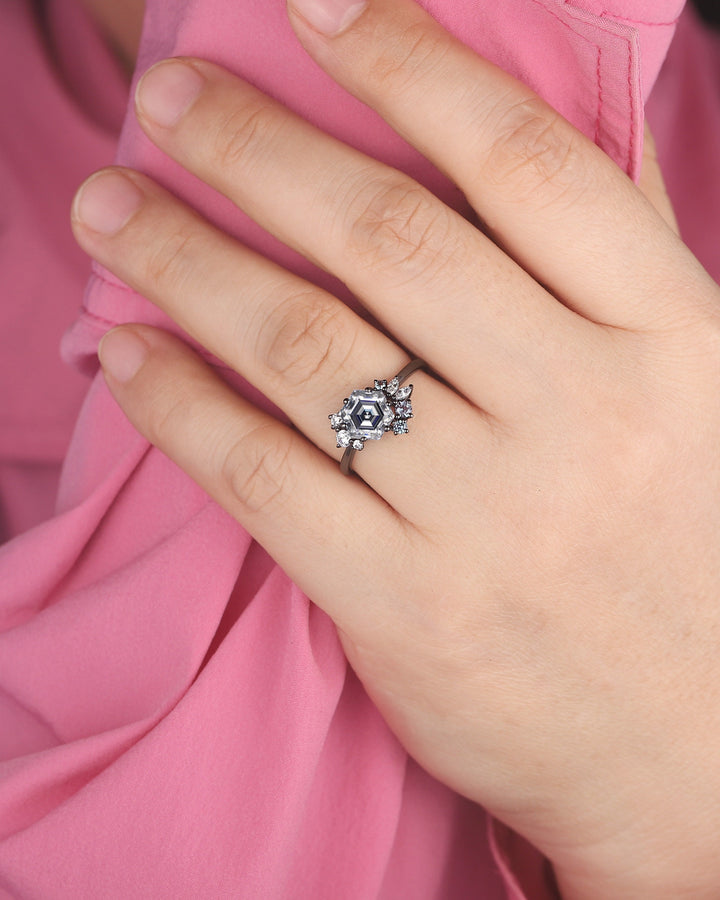 Hexagon Cut Gray Moissanite Black Engagement Ring, Rhodium Black Grey Moissanite Promise Ring, Black Wedding Promise Anniversary Ring Gift - ShainJewelry