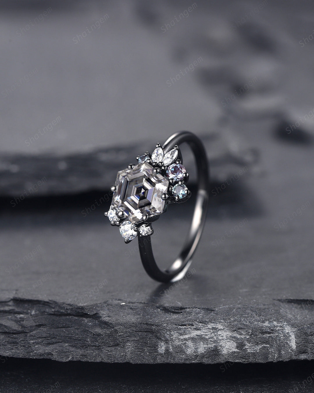 Hexagon Cut Gray Moissanite Black Engagement Ring, Rhodium Black Grey Moissanite Promise Ring, Black Wedding Promise Anniversary Ring Gift - ShainJewelry