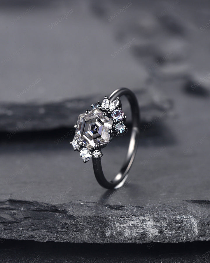Hexagon Cut Gray Moissanite Black Engagement Ring, Rhodium Black Grey Moissanite Promise Ring, Black Wedding Promise Anniversary Ring Gift - ShainJewelry