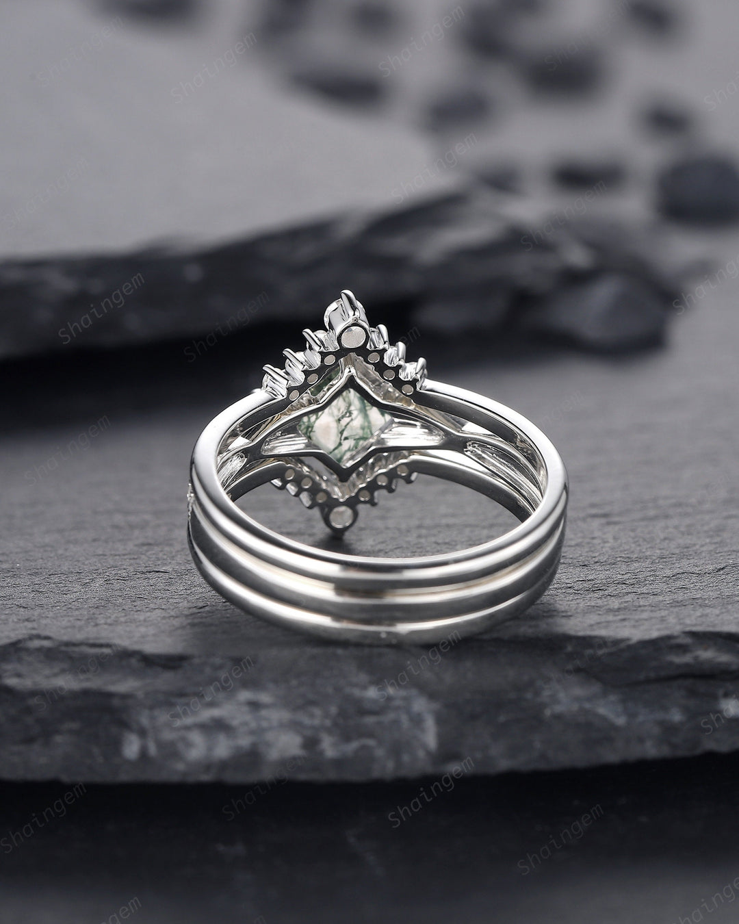 3PCS Princess Cut Moss Agate Engagement Ring, Platinum Moss Agate Bridal Set, Moss Agate Wedding Set, White Gold Promise Ring Gift for Women - ShainJewelry