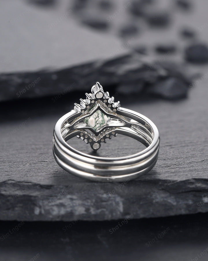 3PCS Princess Cut Moss Agate Engagement Ring, Platinum Moss Agate Bridal Set, Moss Agate Wedding Set, White Gold Promise Ring Gift for Women - ShainJewelry