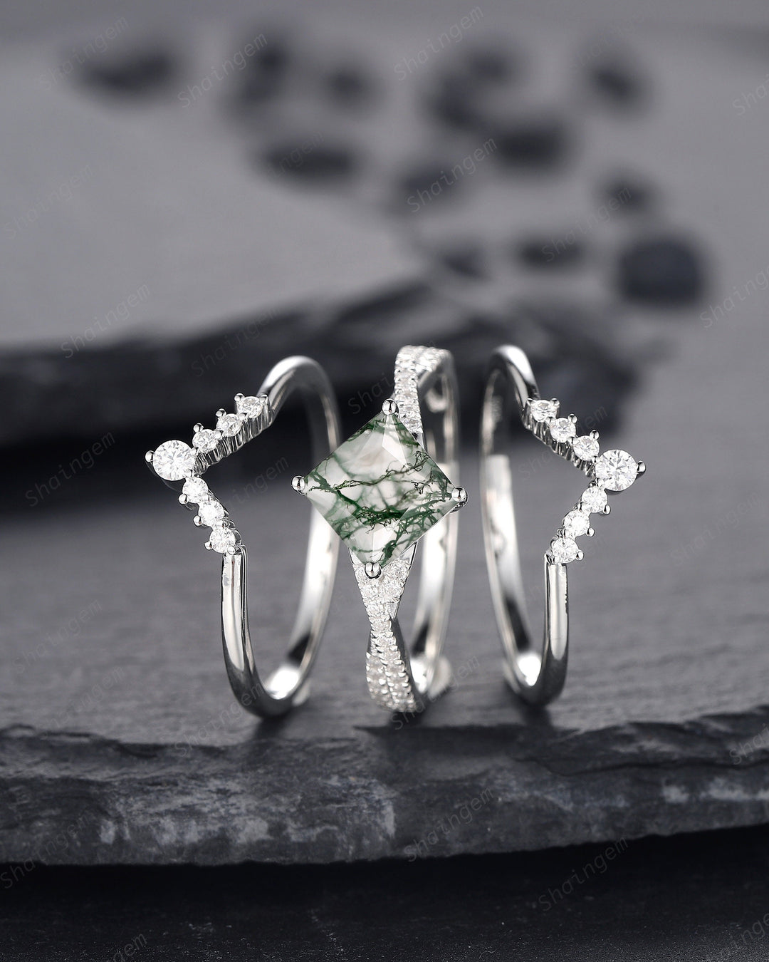 3PCS Princess Cut Moss Agate Engagement Ring, Platinum Moss Agate Bridal Set, Moss Agate Wedding Set, White Gold Promise Ring Gift for Women - ShainJewelry