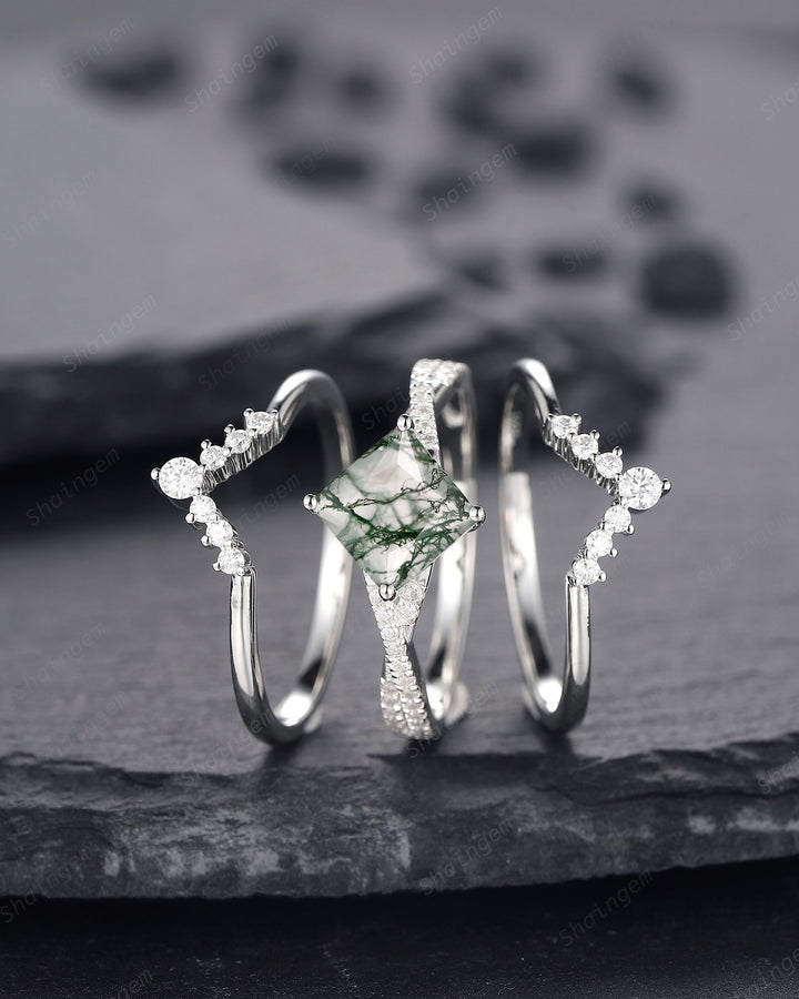 3PCS Princess Cut Moss Agate Engagement Ring, Platinum Moss Agate Bridal Set, Moss Agate Wedding Set, White Gold Promise Ring Gift for Women - ShainJewelry