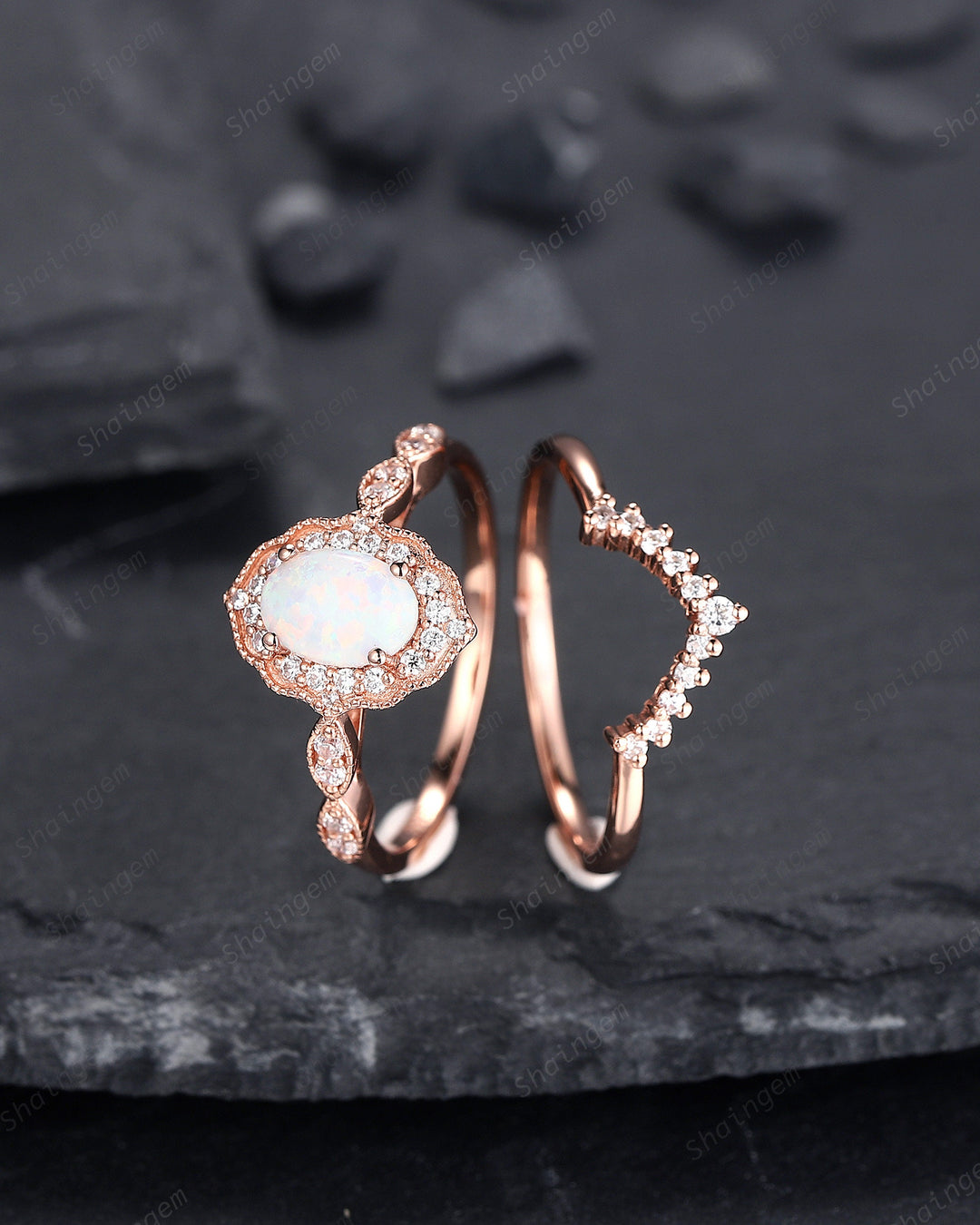 Vintage Oval Shape White Fire Opal and Diamond Engagement Ring Set, 14K Rose Gold Opal Wedding Ring, Floral Opal Halo Promise Ring Gift - ShainJewelry