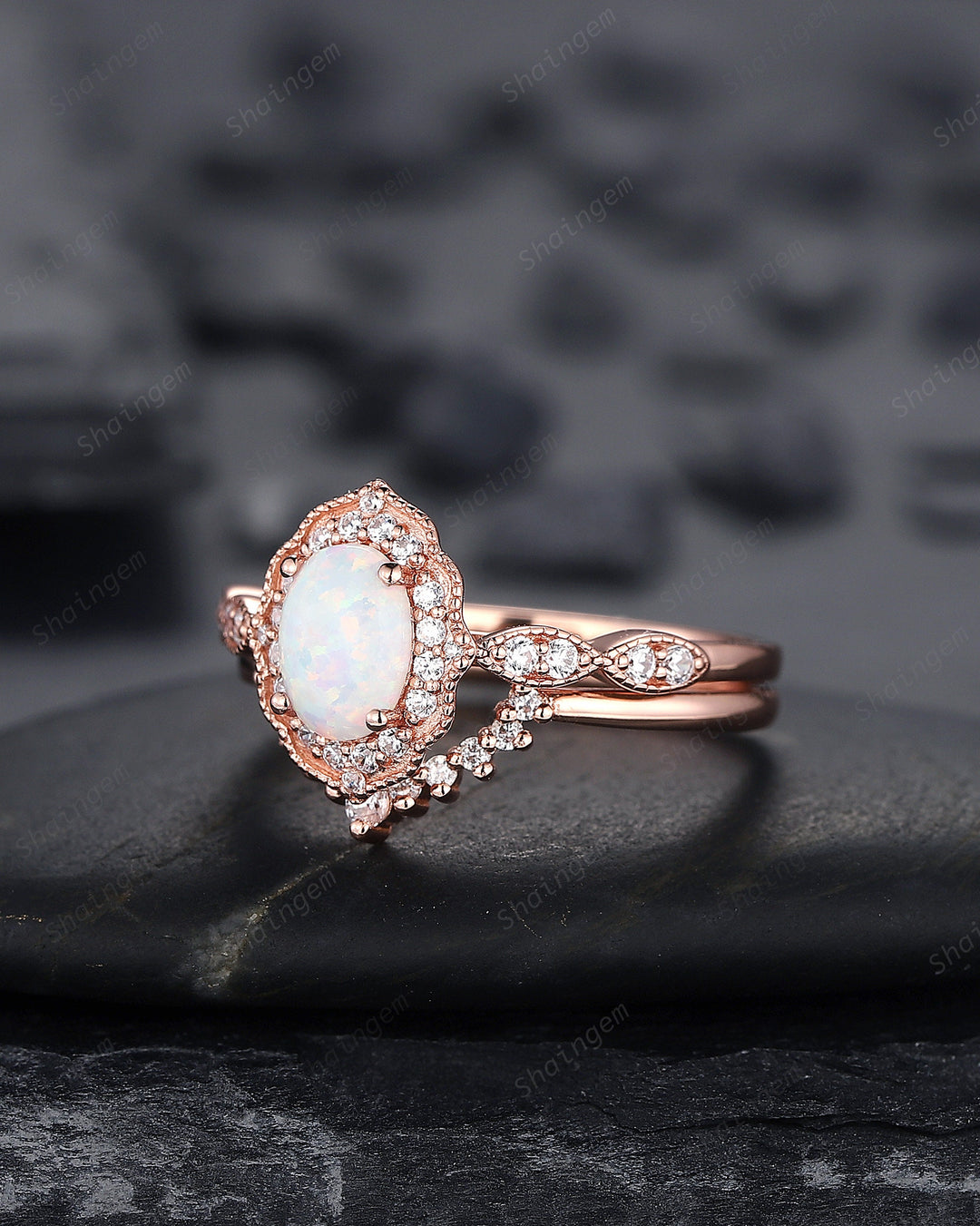 Vintage Oval Shape White Fire Opal and Diamond Engagement Ring Set, 14K Rose Gold Opal Wedding Ring, Floral Opal Halo Promise Ring Gift - ShainJewelry