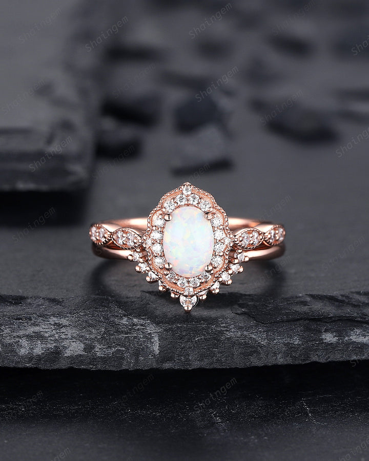 Vintage Oval Shape White Fire Opal and Diamond Engagement Ring Set, 14K Rose Gold Opal Wedding Ring, Floral Opal Halo Promise Ring Gift - ShainJewelry