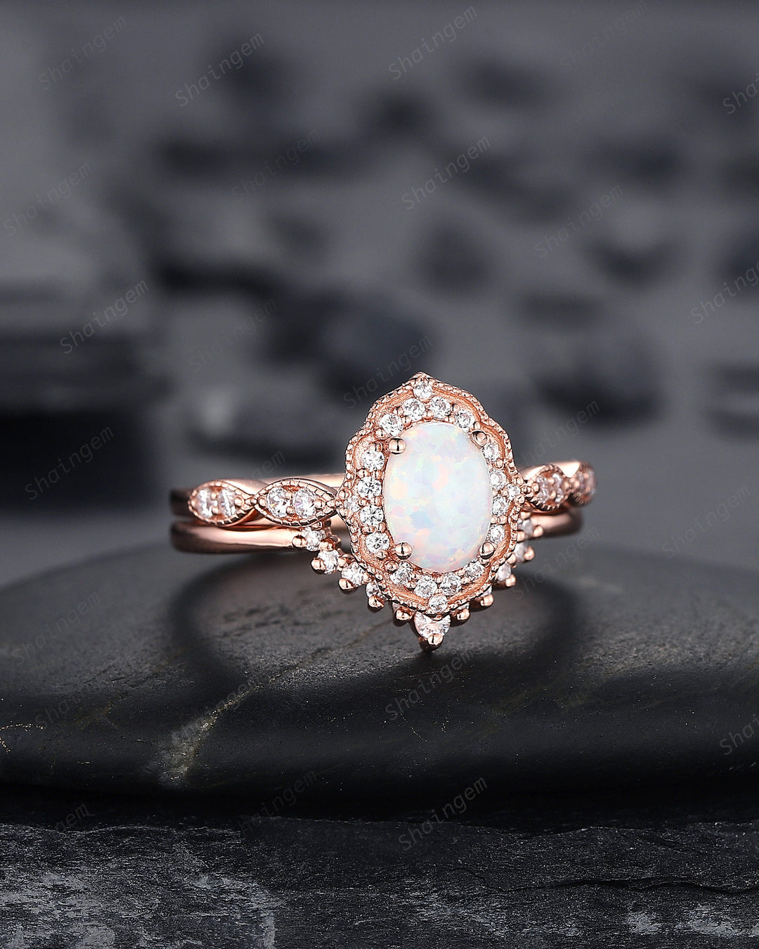 Vintage Oval Shape White Fire Opal and Diamond Engagement Ring Set, 14K Rose Gold Opal Wedding Ring, Floral Opal Halo Promise Ring Gift - ShainJewelry