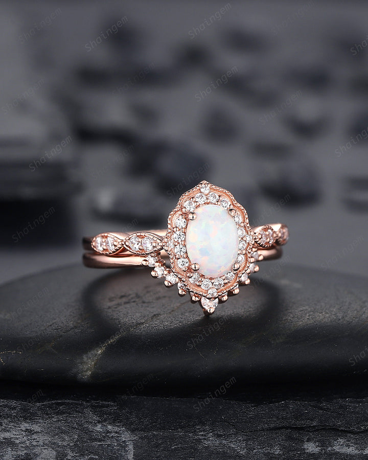 Vintage Oval Shape White Fire Opal and Diamond Engagement Ring Set, 14K Rose Gold Opal Wedding Ring, Floral Opal Halo Promise Ring Gift - ShainJewelry