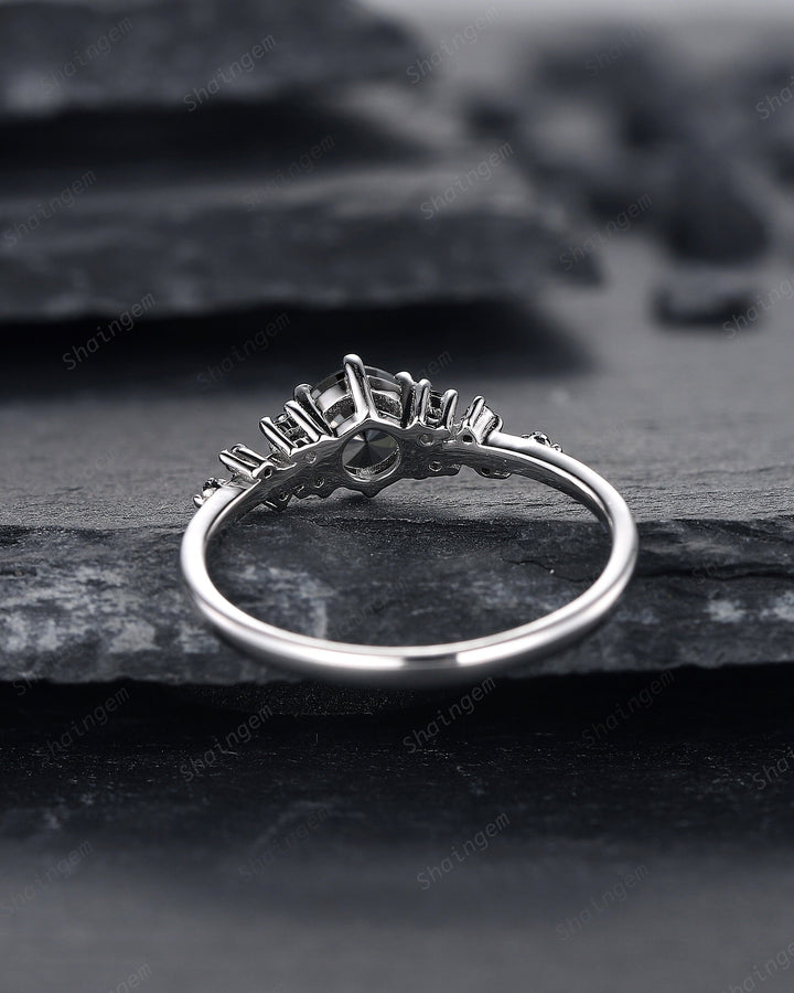 Natural Black Diamond Ring ,14K 18K White Gold 0.5 CT Round Black Diamond Snowdrift Promise Ring, Cluster Wedding Anniversary Ring Gift - ShainJewelry