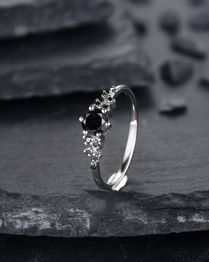 Natural Black Diamond Ring ,14K 18K White Gold 0.5 CT Round Black Diamond Snowdrift Promise Ring, Cluster Wedding Anniversary Ring Gift - ShainJewelry