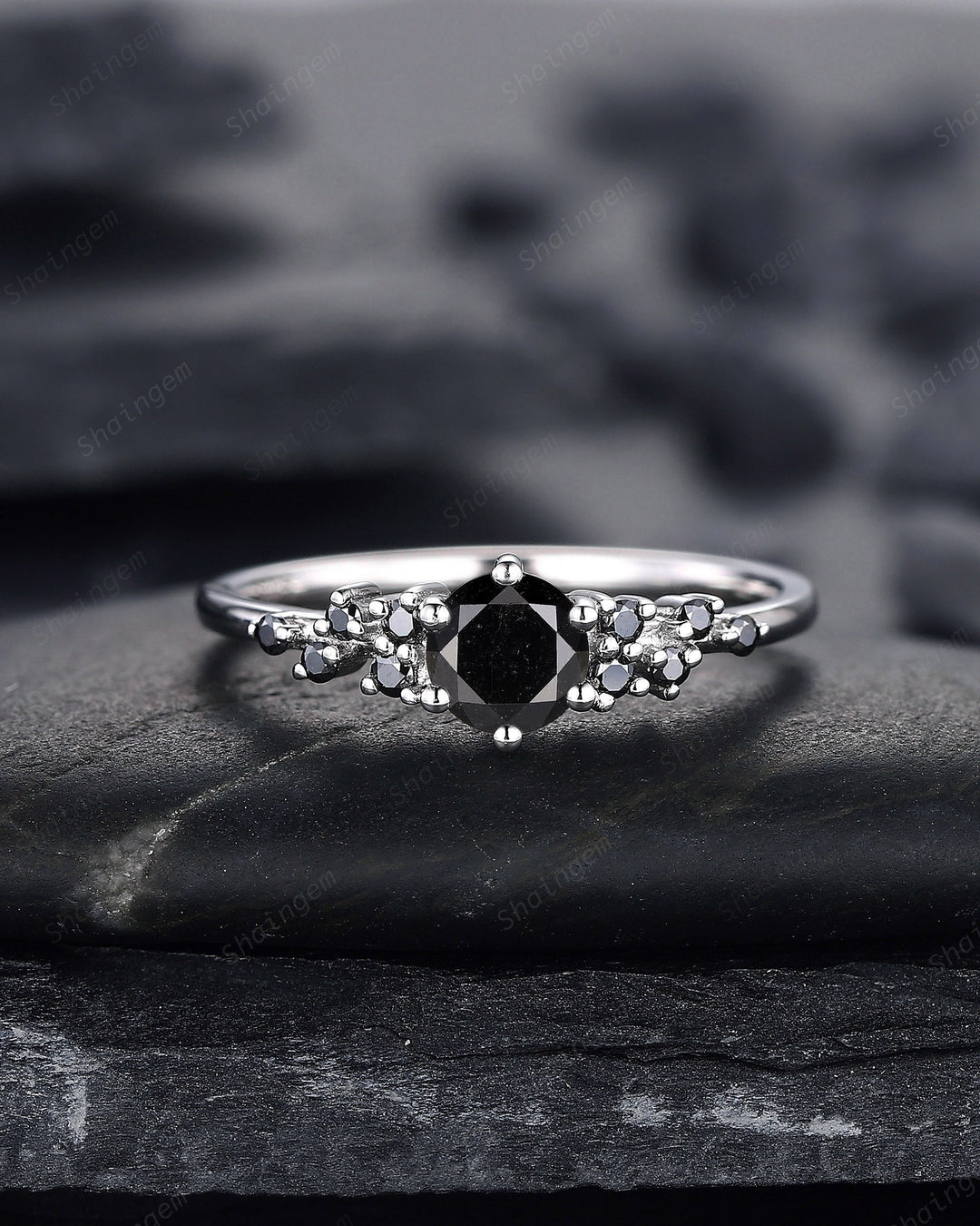 Natural Black Diamond Ring ,14K 18K White Gold 0.5 CT Round Black Diamond Snowdrift Promise Ring, Cluster Wedding Anniversary Ring Gift - ShainJewelry