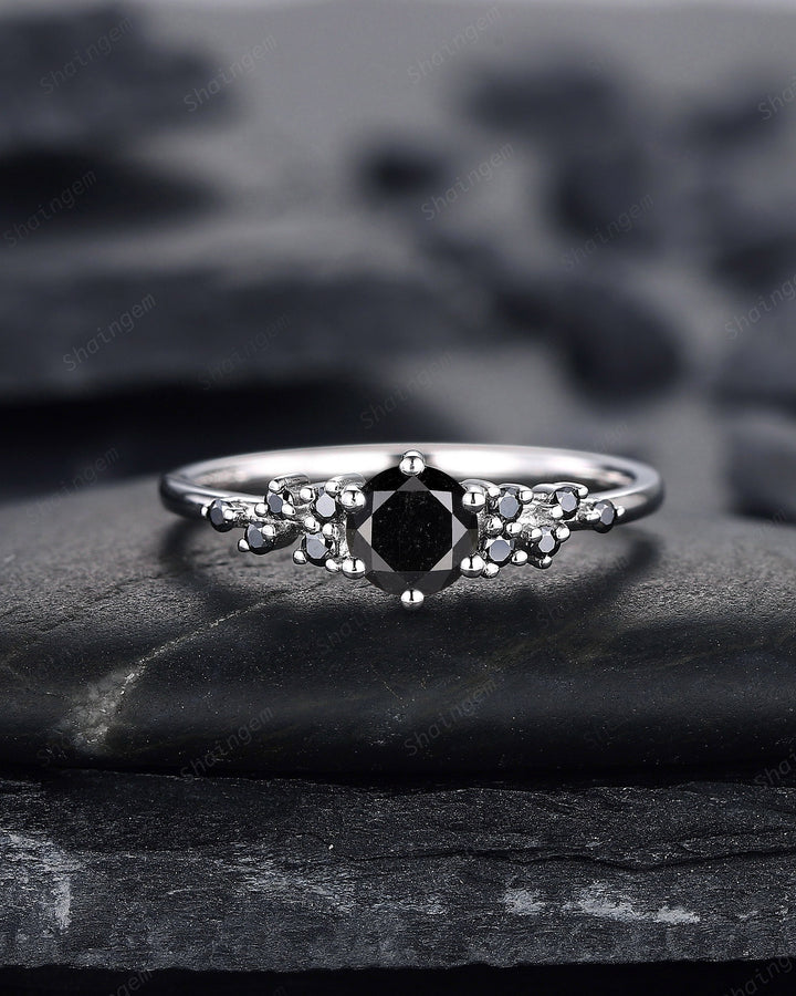 Natural Black Diamond Ring ,14K 18K White Gold 0.5 CT Round Black Diamond Snowdrift Promise Ring, Cluster Wedding Anniversary Ring Gift - ShainJewelry