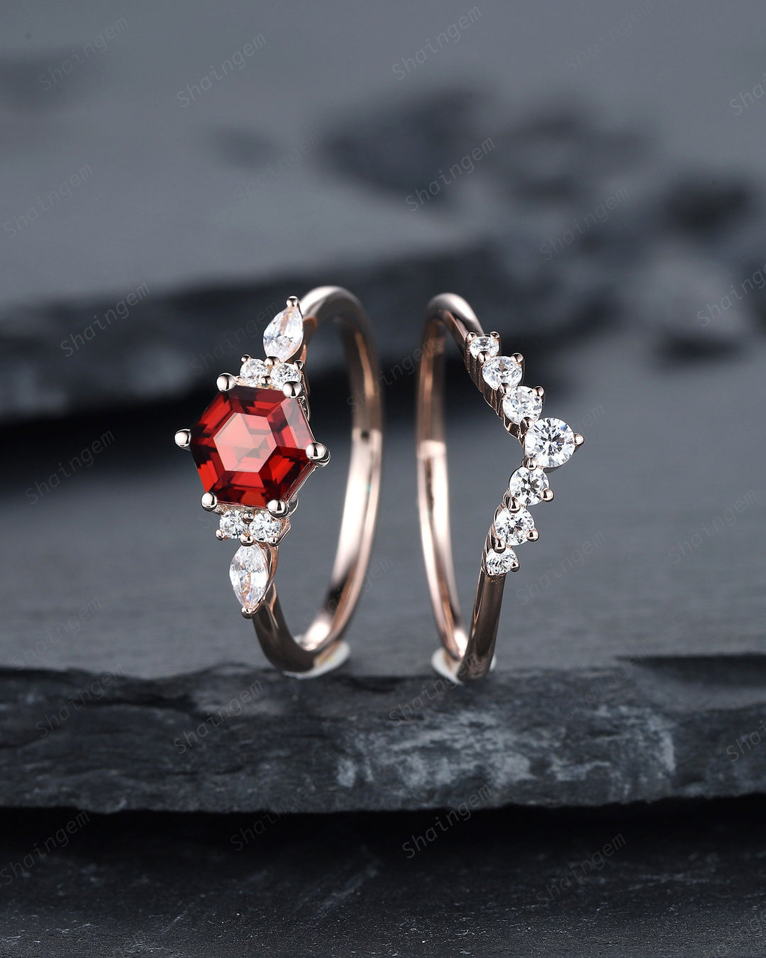 Unique Hexagon Cut Garnet Engagement Ring Set, Vintage Red Garnet Wedding Ring, 14K Rose Gold Garnet Promise Ring, Art Deco Garnet Ring - ShainJewelry
