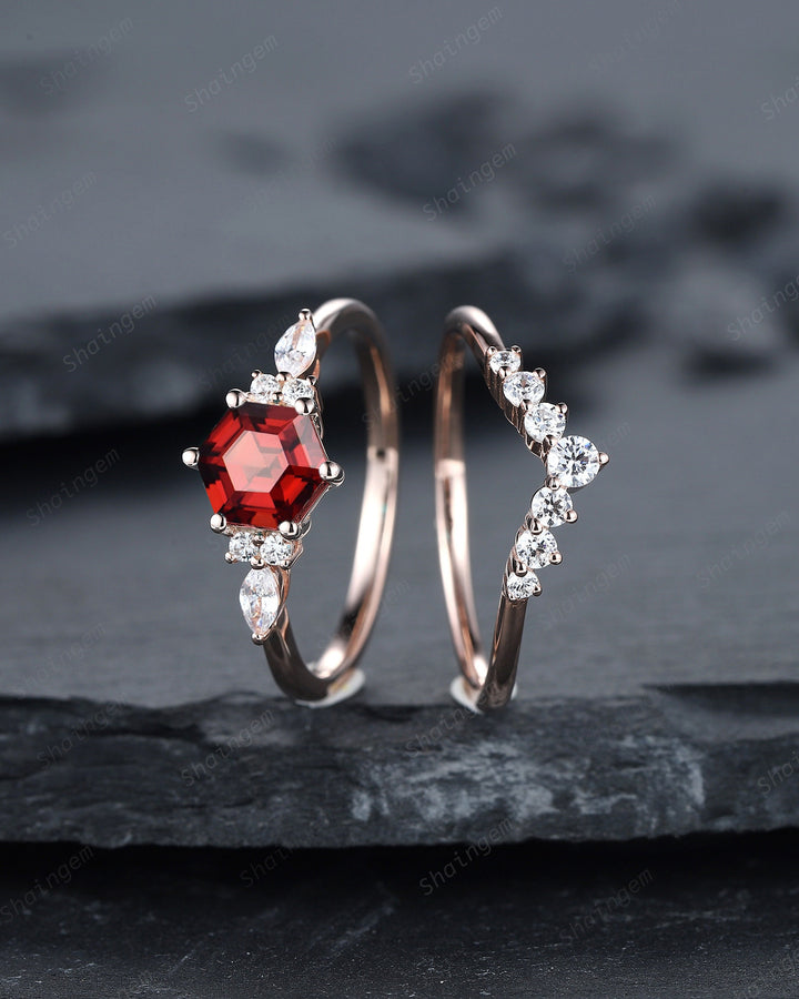Unique Hexagon Cut Garnet Engagement Ring Set, Vintage Red Garnet Wedding Ring, 14K Rose Gold Garnet Promise Ring, Art Deco Garnet Ring - ShainJewelry