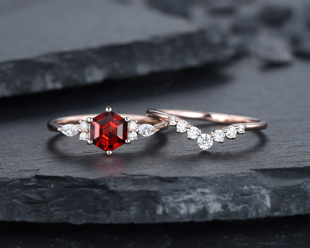 Unique Hexagon Cut Garnet Engagement Ring Set, Vintage Red Garnet Wedding Ring, 14K Rose Gold Garnet Promise Ring, Art Deco Garnet Ring - ShainJewelry