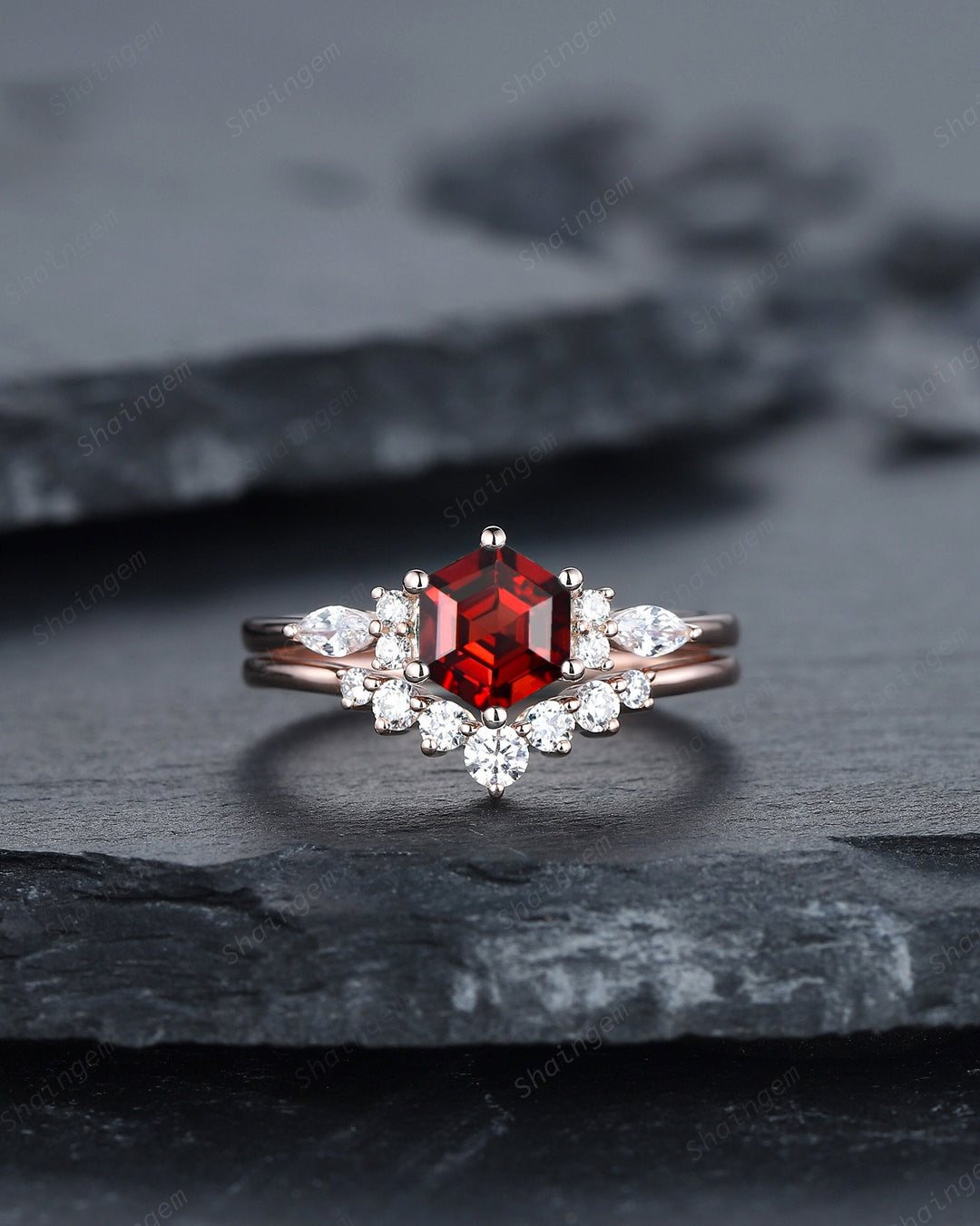 Unique Hexagon Cut Garnet Engagement Ring Set, Vintage Red Garnet Wedding Ring, 14K Rose Gold Garnet Promise Ring, Art Deco Garnet Ring - ShainJewelry
