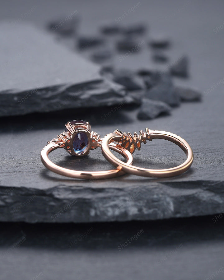 Vintage Oval Shape Alexandrite Engagement Ring Set, Unique 14K Rose Gold Alexandrite and Moissanite Wedding Set, Bridal Se Promise Ring Gift - ShainJewelry