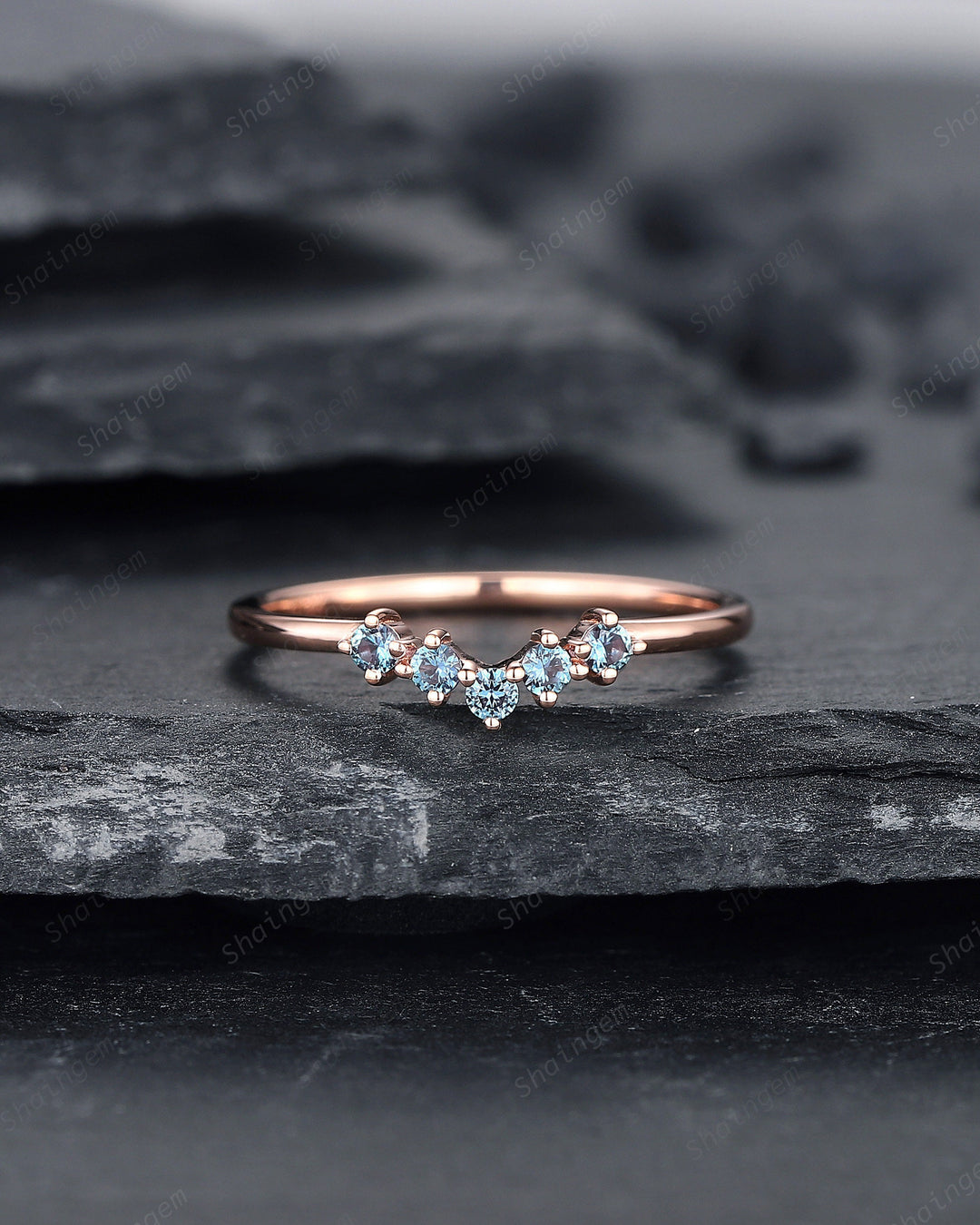 V Shaped Alexandrite Wedding Band, Stackable Curve Band Art Deco Engagement Ring Anniversary Promise Ring ,Vintage Rose Gold Matching Band - ShainJewelry