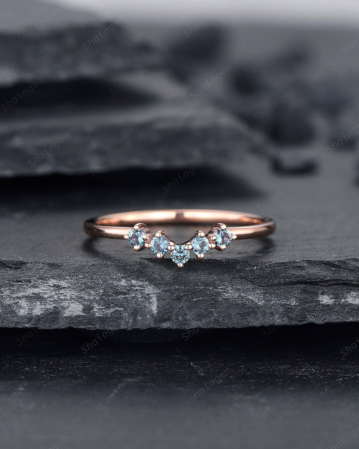 V Shaped Alexandrite Wedding Band, Stackable Curve Band Art Deco Engagement Ring Anniversary Promise Ring ,Vintage Rose Gold Matching Band - ShainJewelry