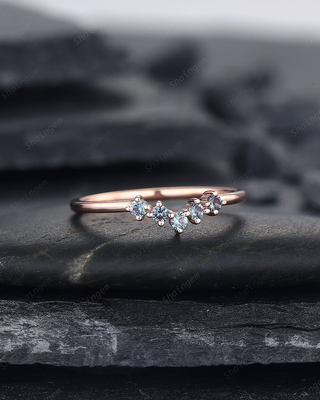 V Shaped Alexandrite Wedding Band, Stackable Curve Band Art Deco Engagement Ring Anniversary Promise Ring ,Vintage Rose Gold Matching Band - ShainJewelry