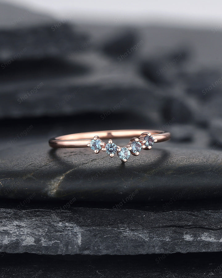 V Shaped Alexandrite Wedding Band, Stackable Curve Band Art Deco Engagement Ring Anniversary Promise Ring ,Vintage Rose Gold Matching Band - ShainJewelry