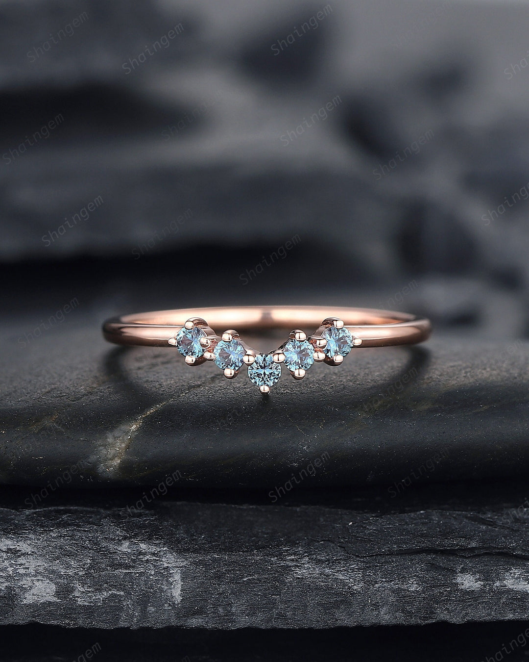 V Shaped Alexandrite Wedding Band, Stackable Curve Band Art Deco Engagement Ring Anniversary Promise Ring ,Vintage Rose Gold Matching Band - ShainJewelry