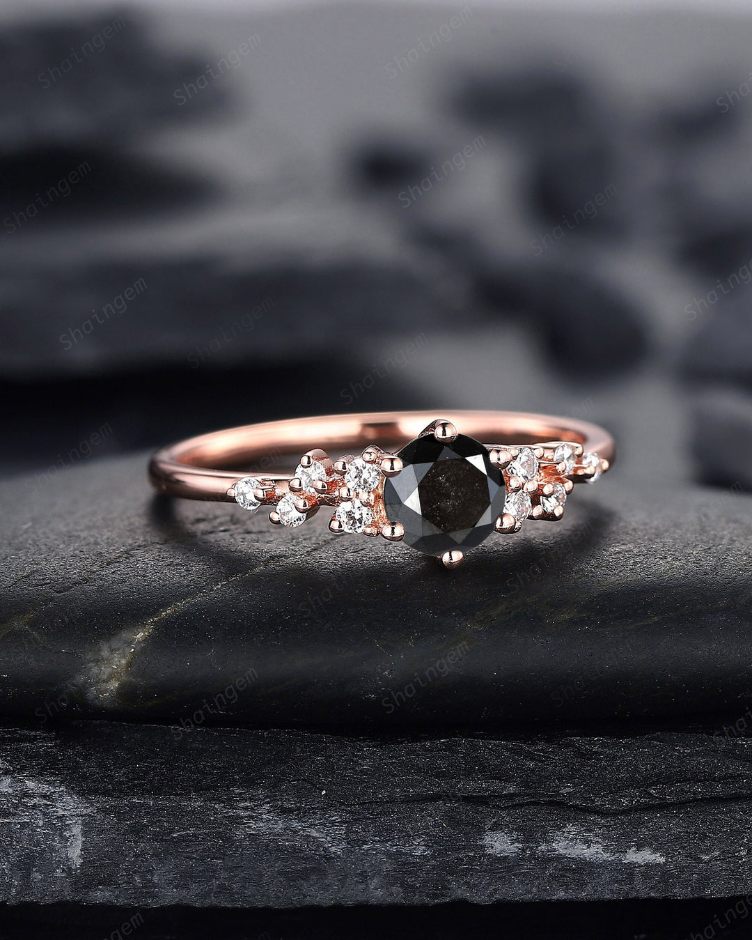 0.5CT Black Diamond Engagement Ring ,14K Rose Gold Round Natural Black Diamond Snowdrift Promise Ring Cluster Anniversary Ring Gift - ShainJewelry