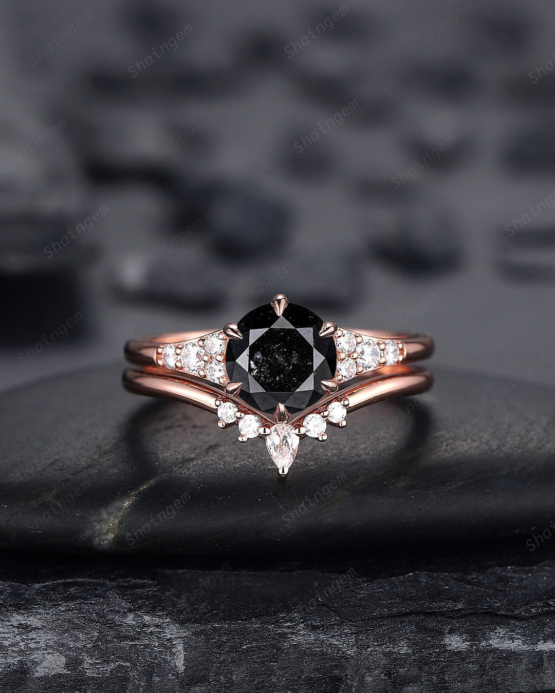 1.5 CT Round Shape Black Diamond Engagement Ring Set, 14K 18K Rose Gold Black Diamond Promise Ring, Diamond Wedding Anniversary Ring for her - ShainJewelry
