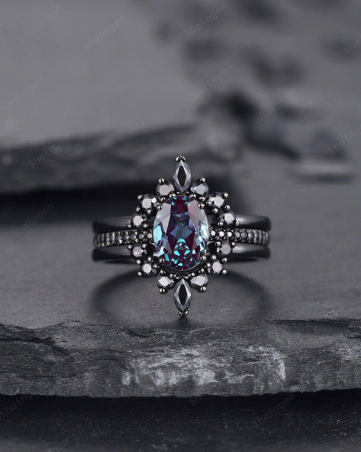 3PCS Oval Shape Alexandrite Black Engagement Ring Set, Gothic Black Gold Promise Ring, Vintage Rhodium Black Wedding Ring Gift for Women - ShainJewelry
