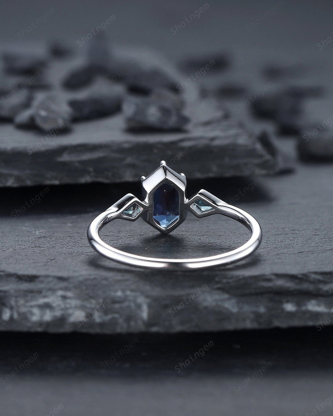 Vintage Long Hexagon Alexandrite Engagement Ring, White Gold Kite Alexandrite Wedding Ring, Geometric Anniversary Promise Ring for Women - ShainJewelry