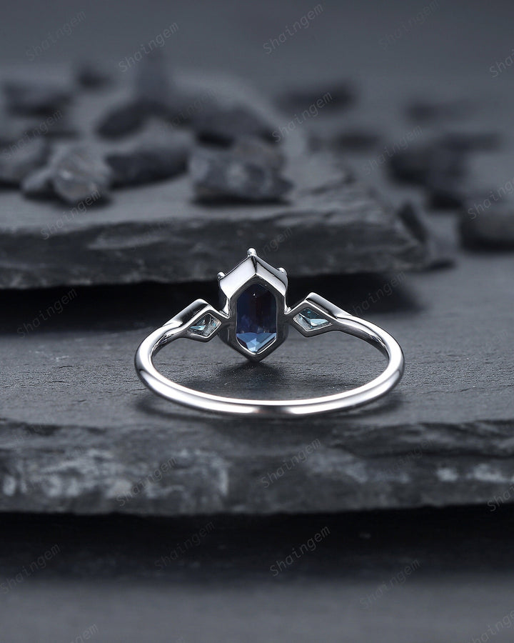 Vintage Long Hexagon Alexandrite Engagement Ring, White Gold Kite Alexandrite Wedding Ring, Geometric Anniversary Promise Ring for Women - ShainJewelry