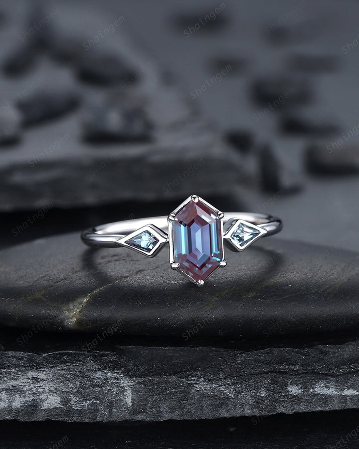 Vintage Long Hexagon Alexandrite Engagement Ring, White Gold Kite Alexandrite Wedding Ring, Geometric Anniversary Promise Ring for Women - ShainJewelry