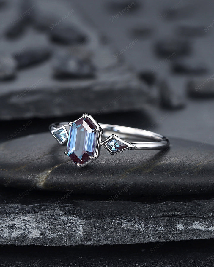 Vintage Long Hexagon Alexandrite Engagement Ring, White Gold Kite Alexandrite Wedding Ring, Geometric Anniversary Promise Ring for Women - ShainJewelry