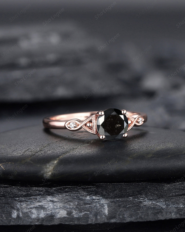 6mm Round Cut Natural Black Diamond Engagement Ring ,14K 18K Rose Gold Diamond Promise Ring, Diamond Wedding Anniversary Ring Gift for her - ShainJewelry