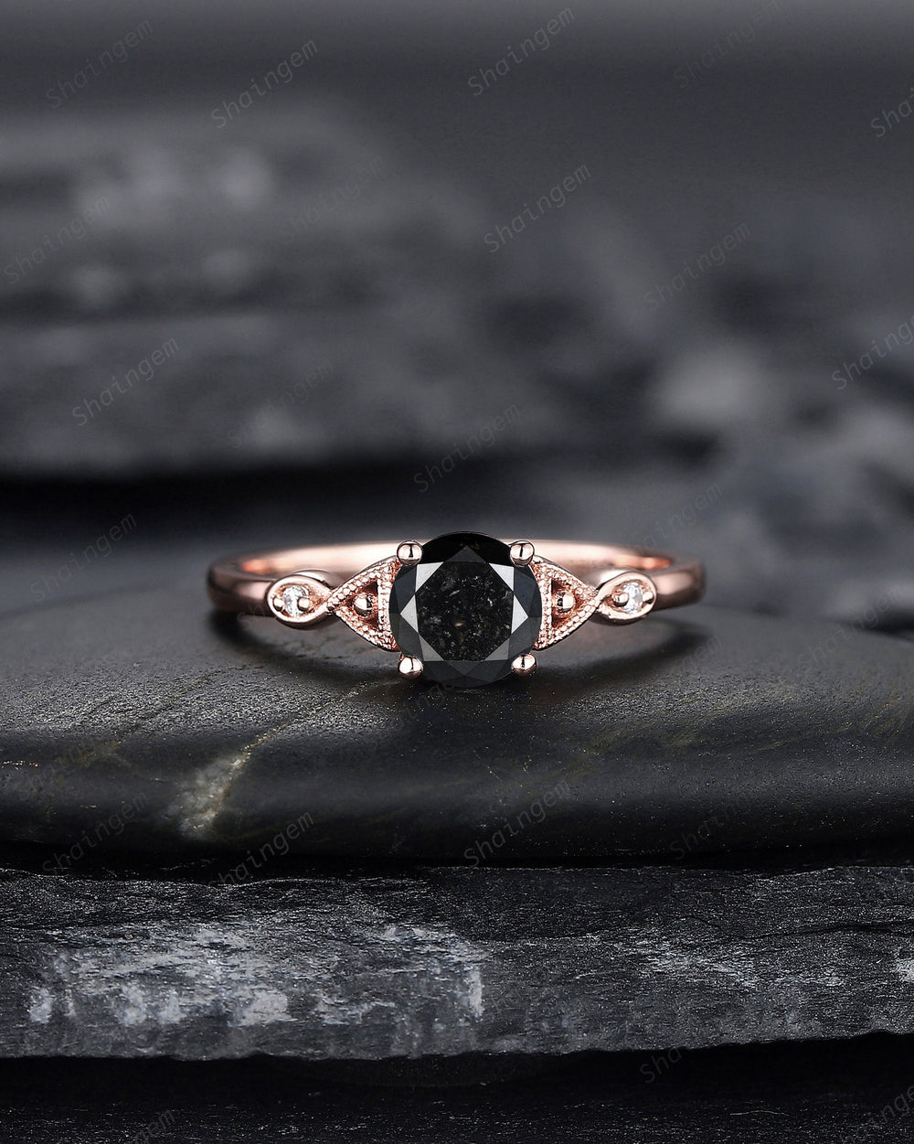 6mm Round Cut Natural Black Diamond Engagement Ring ,14K 18K Rose Gold Diamond Promise Ring, Diamond Wedding Anniversary Ring Gift for her - ShainJewelry
