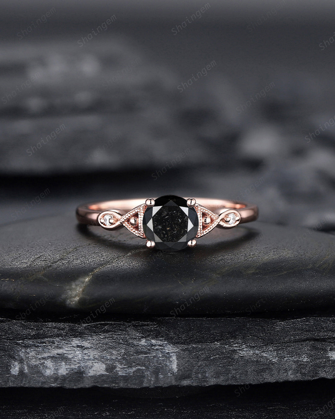6mm Round Cut Natural Black Diamond Engagement Ring ,14K 18K Rose Gold Diamond Promise Ring, Diamond Wedding Anniversary Ring Gift for her - ShainJewelry
