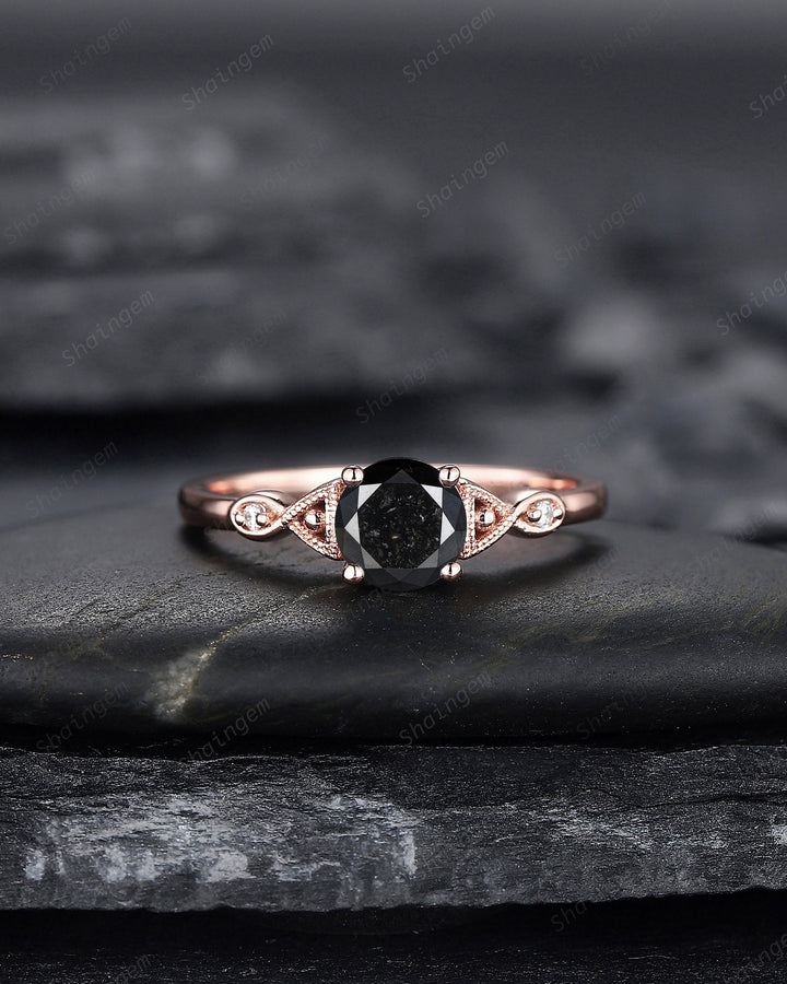 6mm Round Cut Natural Black Diamond Engagement Ring ,14K 18K Rose Gold Diamond Promise Ring, Diamond Wedding Anniversary Ring Gift for her - ShainJewelry