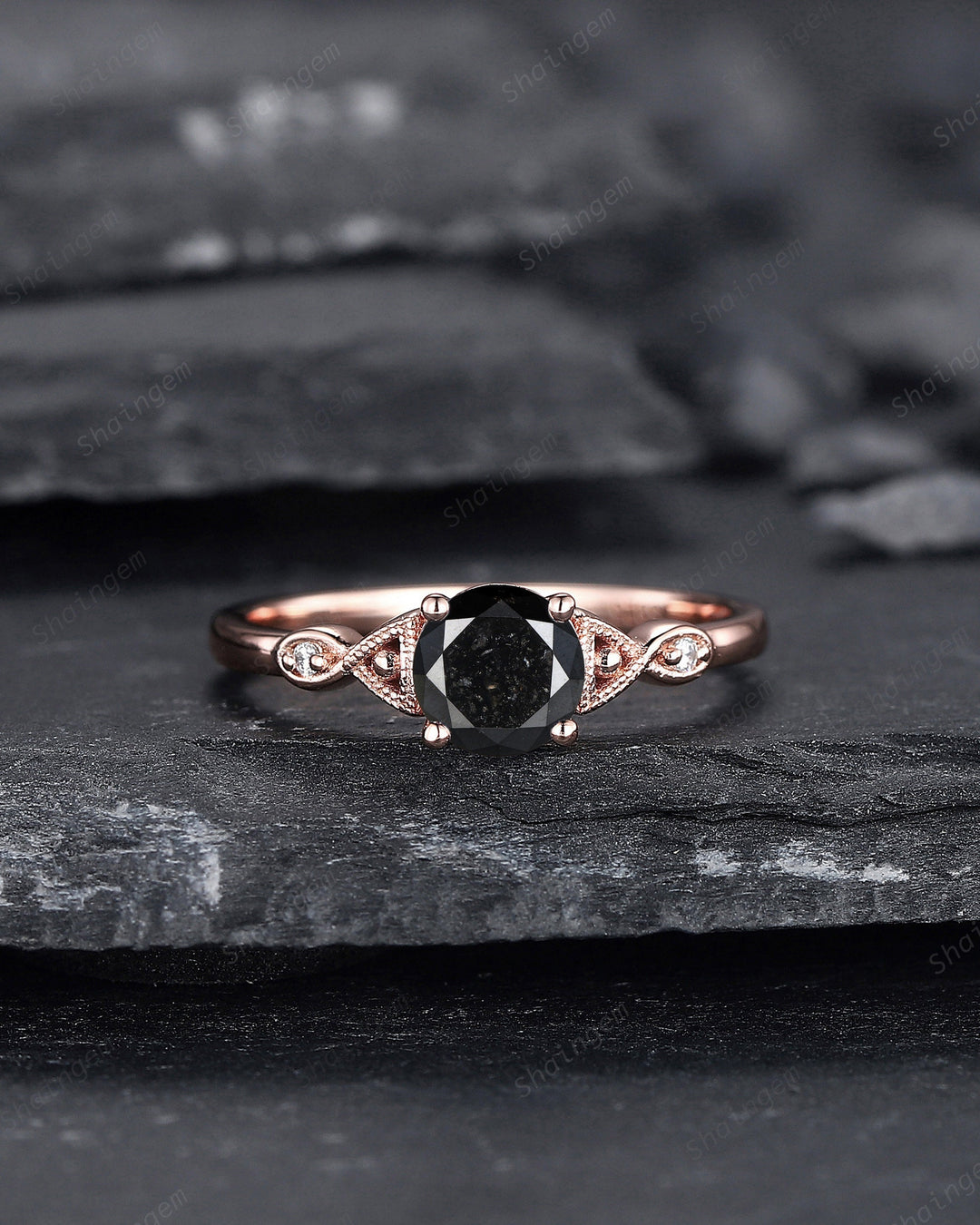 6mm Round Cut Natural Black Diamond Engagement Ring ,14K 18K Rose Gold Diamond Promise Ring, Diamond Wedding Anniversary Ring Gift for her - ShainJewelry