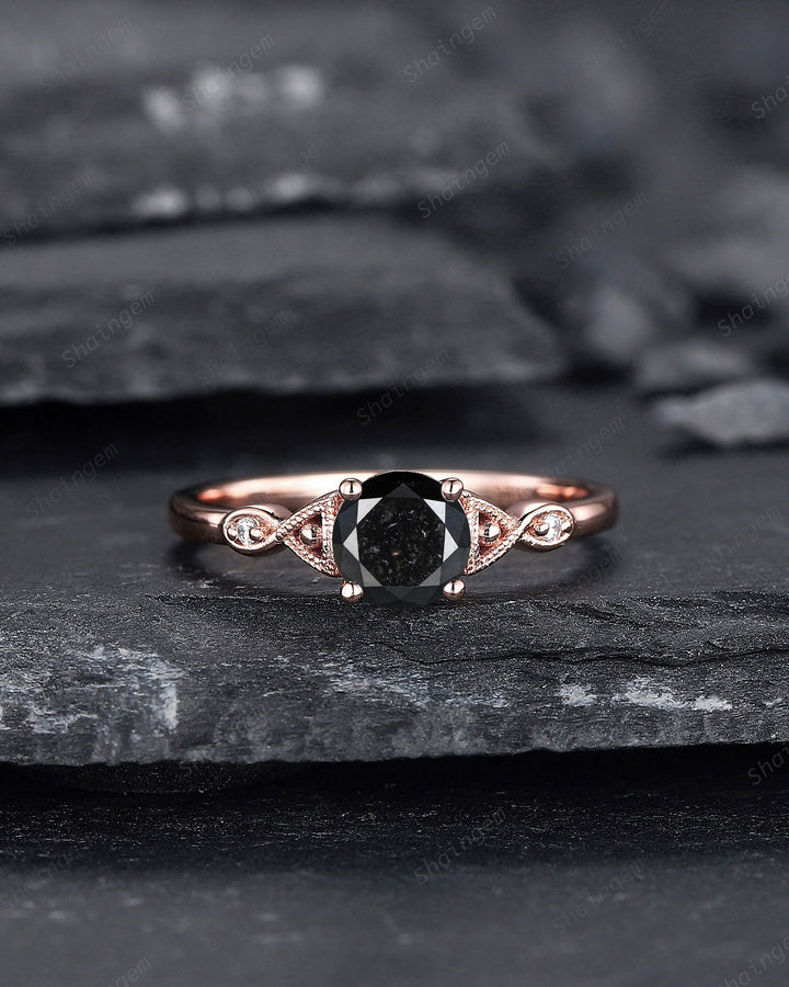 6mm Round Cut Natural Black Diamond Engagement Ring ,14K 18K Rose Gold Diamond Promise Ring, Diamond Wedding Anniversary Ring Gift for her - ShainJewelry