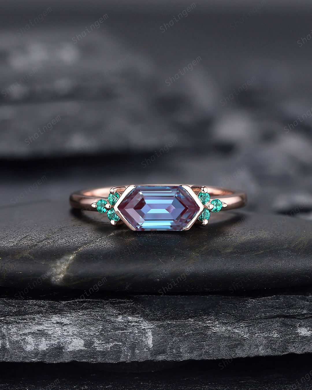 Vintage Long Hexagon Alexandrite Engagement Ring, Unique Emerald Cluster Wedding Ring, Rose Gold Anniversary Promise Ring Gift for Women - ShainJewelry