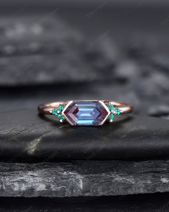 Vintage Long Hexagon Alexandrite Engagement Ring, Unique Emerald Cluster Wedding Ring, Rose Gold Anniversary Promise Ring Gift for Women - ShainJewelry