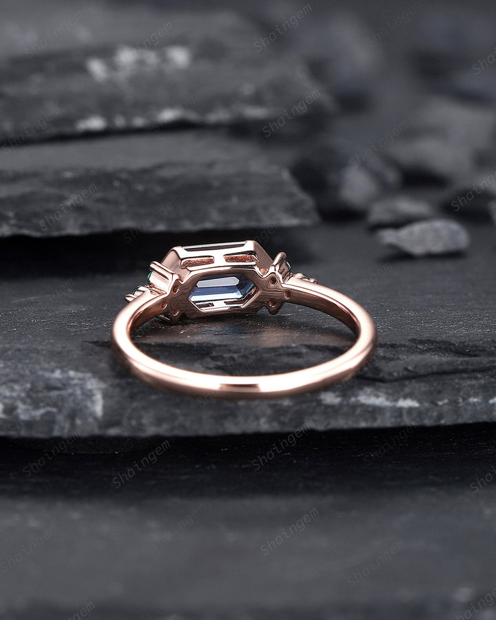 Vintage Long Hexagon Alexandrite Engagement Ring, Unique Emerald Cluster Wedding Ring, Rose Gold Anniversary Promise Ring Gift for Women - ShainJewelry