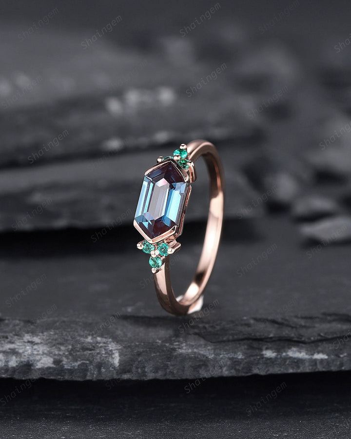 Vintage Long Hexagon Alexandrite Engagement Ring, Unique Emerald Cluster Wedding Ring, Rose Gold Anniversary Promise Ring Gift for Women - ShainJewelry