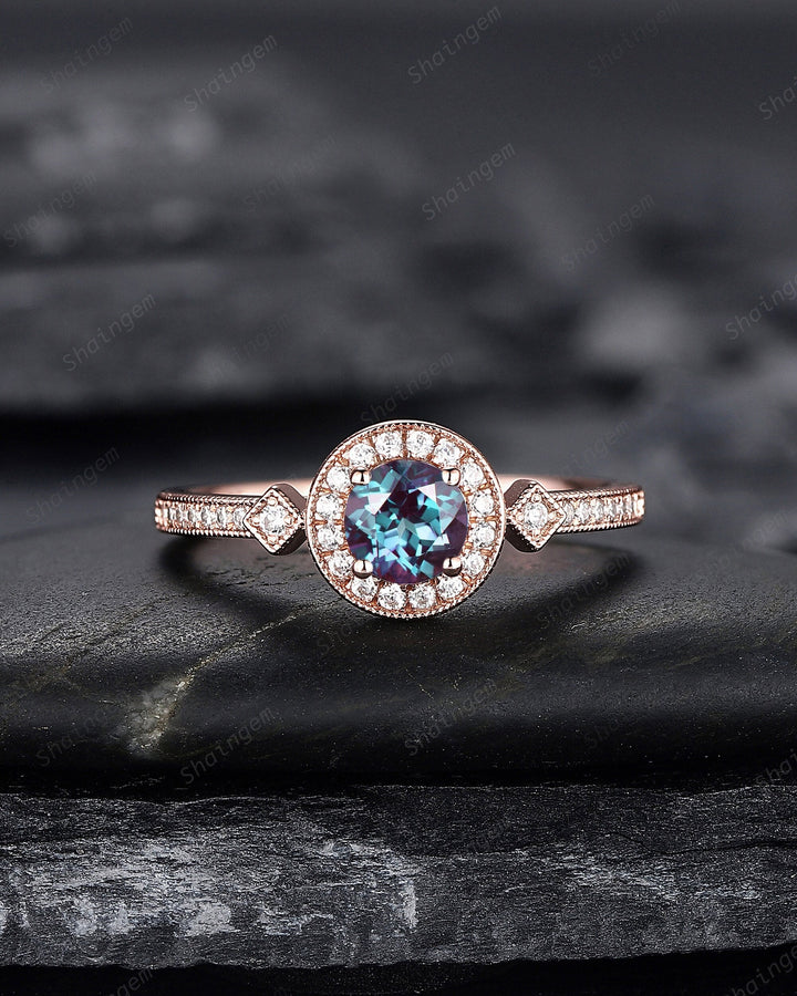 Dainty Round Shape Alexandrite Engagement Ring, Alexandrite Halo Wedding Ring, Half Eternity Alexandrite Promise Ring Gift, June Birthstone - ShainJewelry