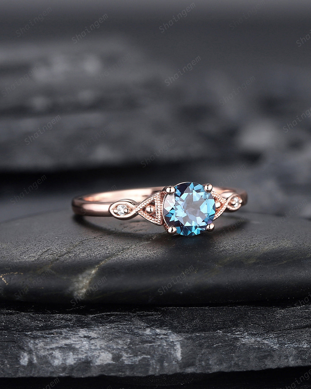 Vintage Round Shape Alexandrite Engagement Ring, Unique Alexandrite Wedding Ring, Dainty Alexandrite Promise Ring Gift, June Birthstone - ShainJewelry