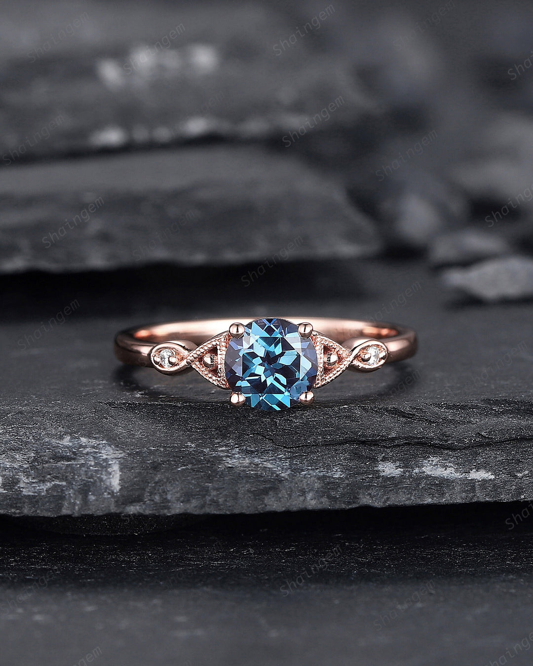Vintage Round Shape Alexandrite Engagement Ring, Unique Alexandrite Wedding Ring, Dainty Alexandrite Promise Ring Gift, June Birthstone - ShainJewelry